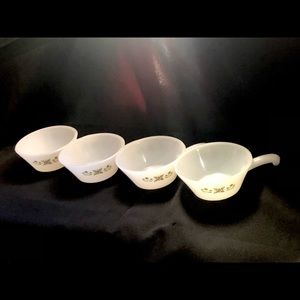 Vintage glassware Anchor Hocking Fire King Cornflower soup bowls with handle x4